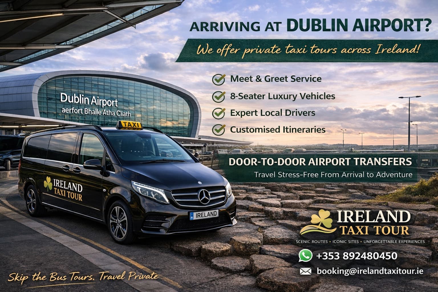 Private airport transfer taxi on an Irish road