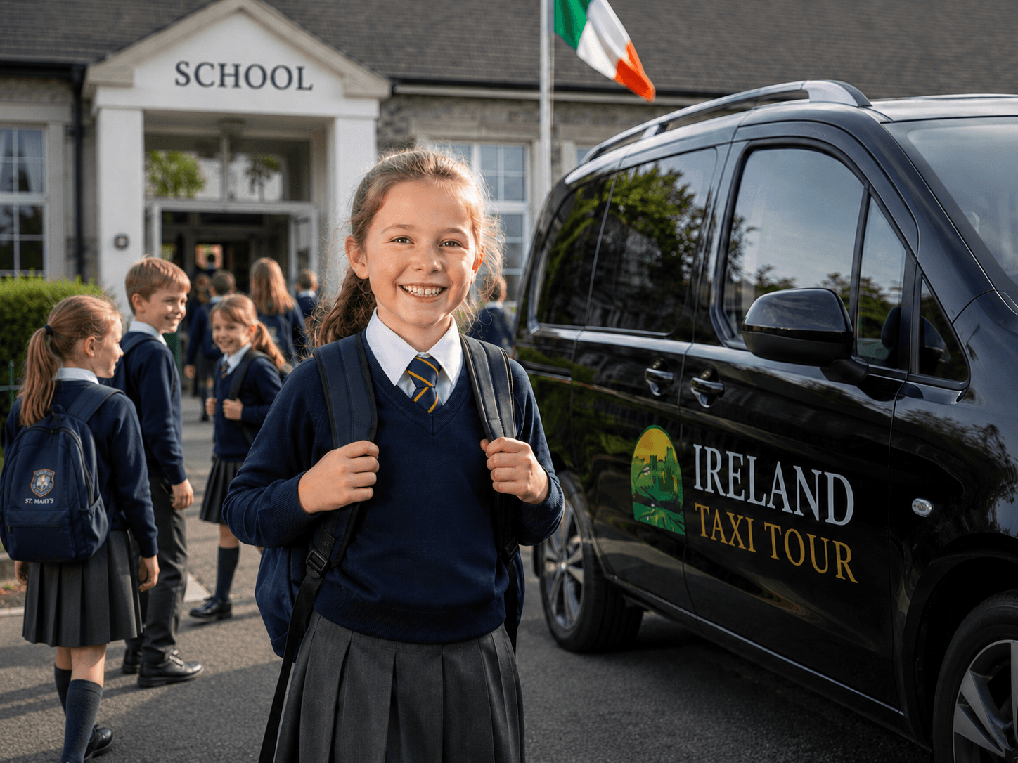 Children boarding a pre-booked school taxi outside their home in Dublin